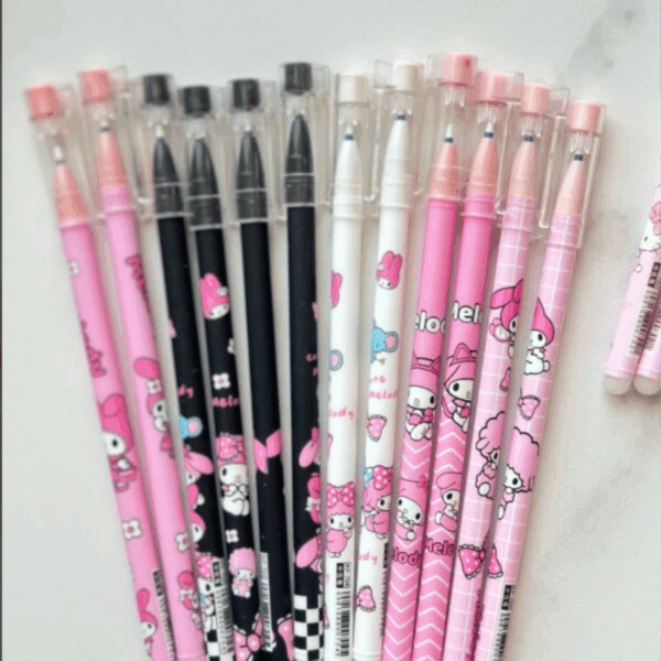 Set of slim My Melody gel pens in pink, black, and white barrels decorated with character art, bow patterns, and clear friction-eraser caps
