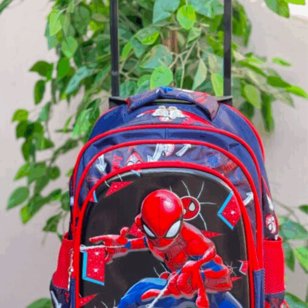 Dark blue and red Spider-Man rolling backpack featuring a 3D front graphic panel and a retractable trolley handle