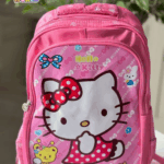 Vibrant pink school backpack featuring a large Hello Kitty graphic in a red polka dot dress, blue ribbon accents, and friendly animal companions