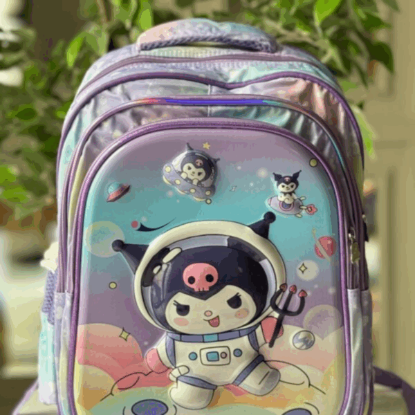 Pastel watercolor galaxy backpack with a 3D embossed front panel featuring Kuromi in an astronaut spacesuit floating amongst planets and UFOs