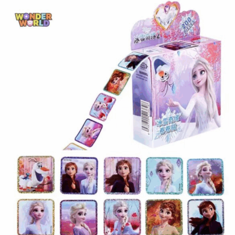 A whimsical desktop sticker dispenser box featuring beloved magical royal characters, shown dispensing a smooth roll of square, glitter-bordered stickers alongside an array of ten unique individual sticker designs with shimmering holographic frames