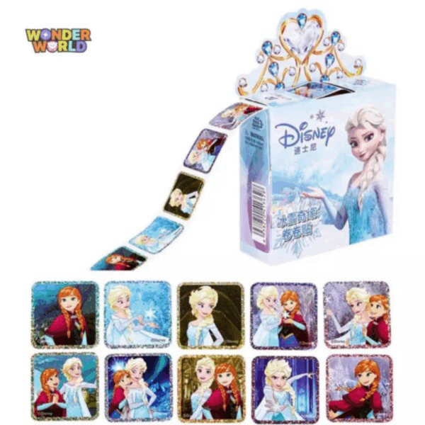 A whimsical desktop sticker dispenser box featuring beloved magical royal sisters Elsa and Anna, crowned by a glittering golden tiara cut-out and shown dispensing a smooth roll of square, glitter-bordered stickers alongside ten unique individual designs showcasing iconic ice magic and sisterly embraces