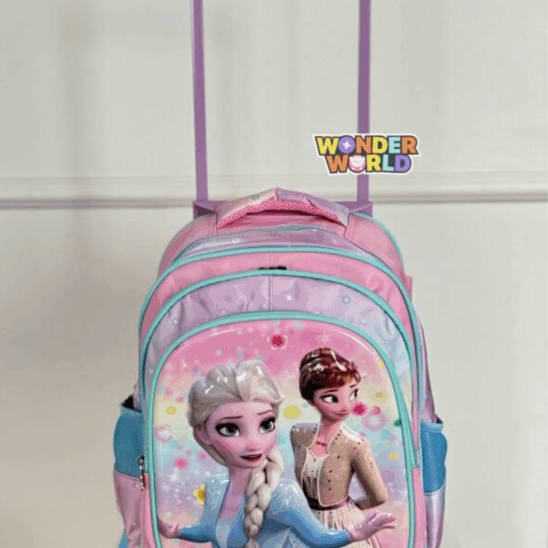 A rolling school backpack in soft pastel pink and lavender with vibrant aqua-blue zippers, showcasing a glossy 3D molded front panel of Queen Elsa and Princess Anna surrounded by colorful magical sparkles and floating snowflakes, attached to a pink telescoping handle