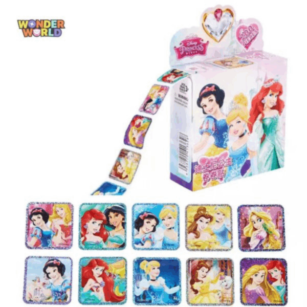 A whimsical desktop sticker dispenser box featuring beloved magical fairy-tale princesses, shown dispensing a smooth roll of square, glitter-bordered stickers alongside ten unique individual designs with shimmering holographic frames showcasing Ariel, Cinderella, Belle, Snow White, and Rapunzel