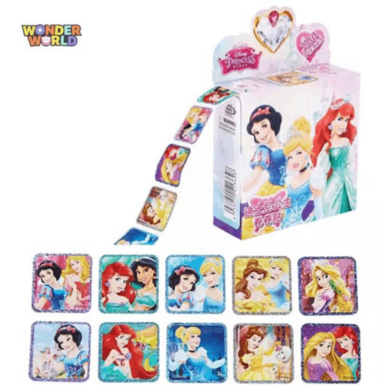 A whimsical desktop sticker dispenser box featuring beloved magical fairy-tale princesses, shown dispensing a smooth roll of square, glitter-bordered stickers alongside ten unique individual designs with shimmering holographic frames showcasing Ariel, Cinderella, Belle, Snow White, and Rapunzel