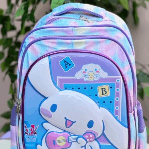 Light blue and lavender tie-dye Cinnamoroll backpack with a 3D front panel featuring Cinnamoroll playing a guitar
