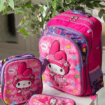 Magenta and deep purple My Melody school set with a large backpack, matching lunch bag, and zip pencil pouch featuring 3D floral graphics