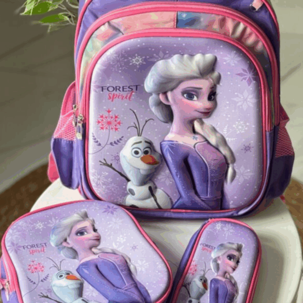 Lavender and bright pink 3-piece Frozen set featuring a school backpack, insulated lunch tote, and zip pencil case with 3D graphics of Elsa and Olaf