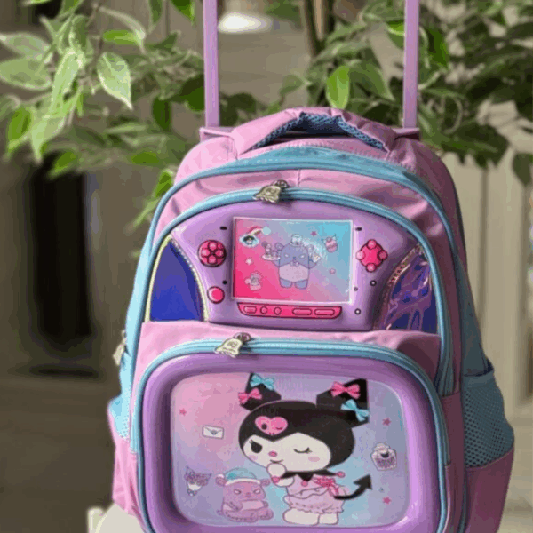 Lilac and sky blue rolling backpack with a telescoping handle, featuring a 3D gaming console front compartment and a Kuromi graphic panel