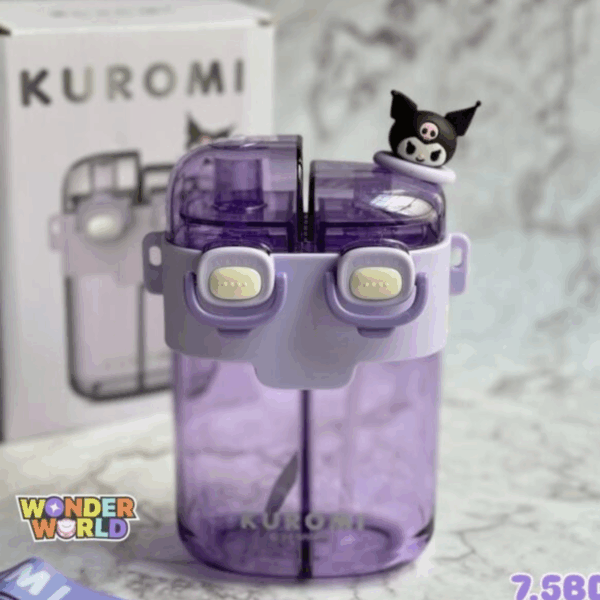 A dual-compartment translucent amethyst-purple water bottle wrapped in a pastel lavender silicone shoulder sleeve with two rounded cream push buttons, topped by dual translucent purple lids with a tiny 3D Kuromi figurine wearing her signature black jester hood resting on one side, shown next to a matching lavender character strap