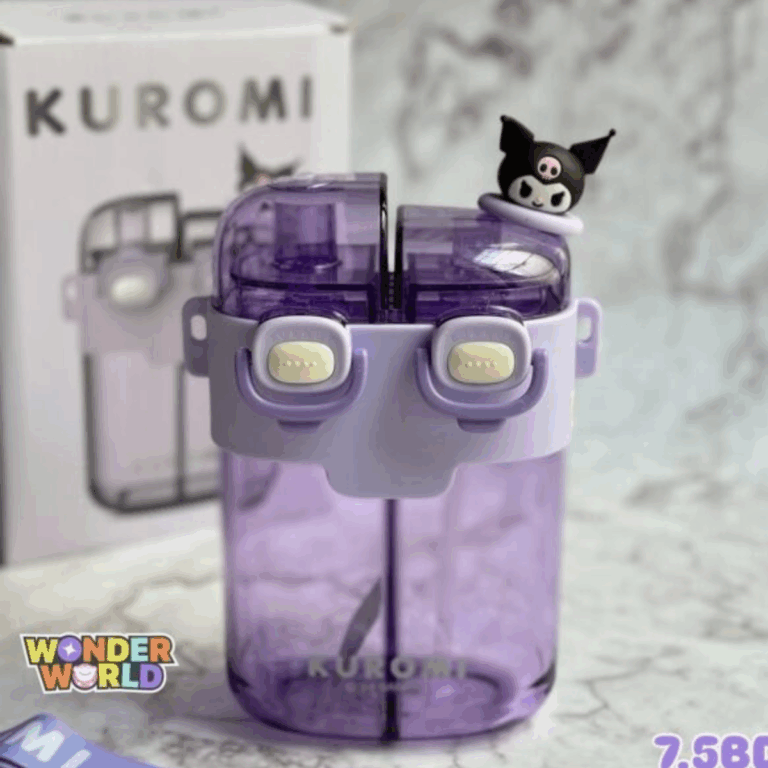 A dual-compartment translucent amethyst-purple water bottle wrapped in a pastel lavender silicone shoulder sleeve with two rounded cream push buttons, topped by dual translucent purple lids with a tiny 3D Kuromi figurine wearing her signature black jester hood resting on one side, shown next to a matching lavender character strap