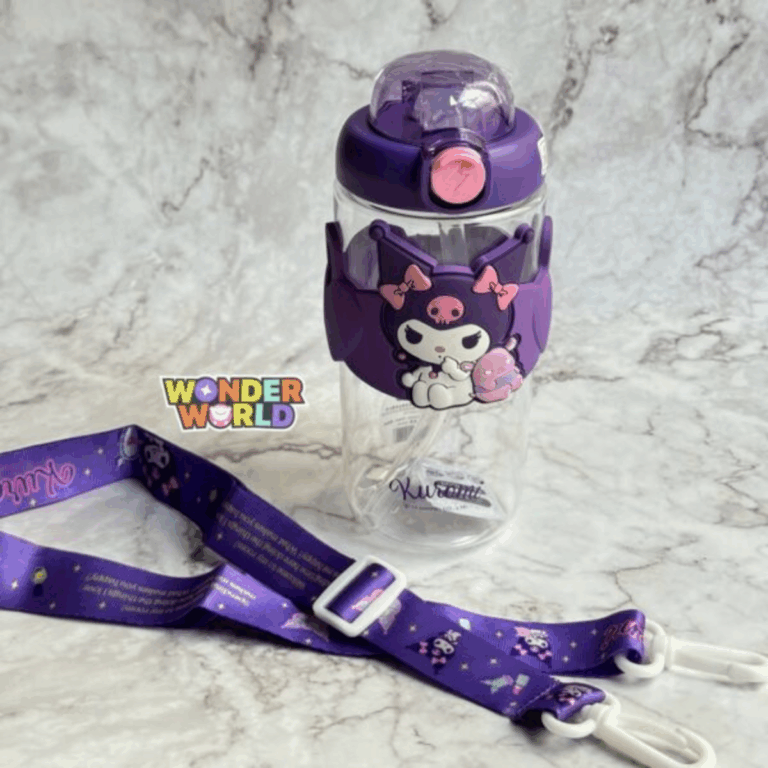 A clear drink bottle with a rich purple locking cap, a soft pink pop-up button, a textured purple silicone protective band featuring a raised 3D Kuromi cuddling a small pink plush companion, and a matching purple adjustable character shoulder strap