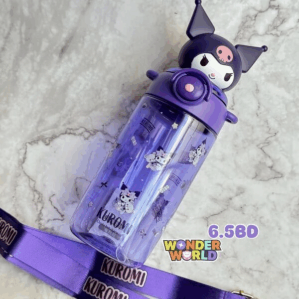 A sleek, translucent violet drink bottle embellished with delicate Kuromi decals, topped with a custom-molded 3D cap depicting Kuromi's character hood and signature pink skull emblem, accompanied by a coordinating purple woven carry strap