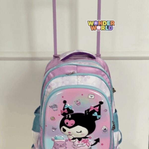 A rolling school backpack with a soft lavender and pink gradient, showcasing a glossy 3D molded front pocket of a winking Kuromi with pastel bows on her jester hat next to Baku, surrounded by floating stars and dessert motifs
