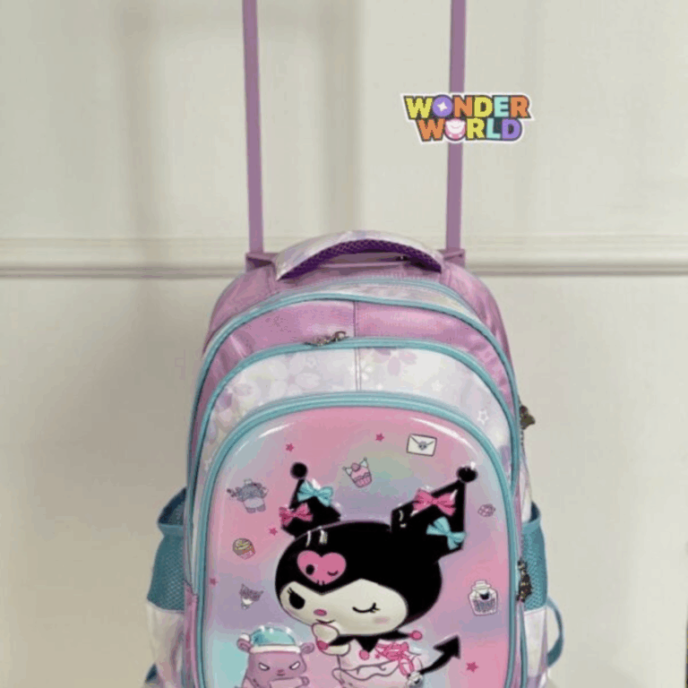 A rolling school backpack with a soft lavender and pink gradient, showcasing a glossy 3D molded front pocket of a winking Kuromi with pastel bows on her jester hat next to Baku, surrounded by floating stars and dessert motifs