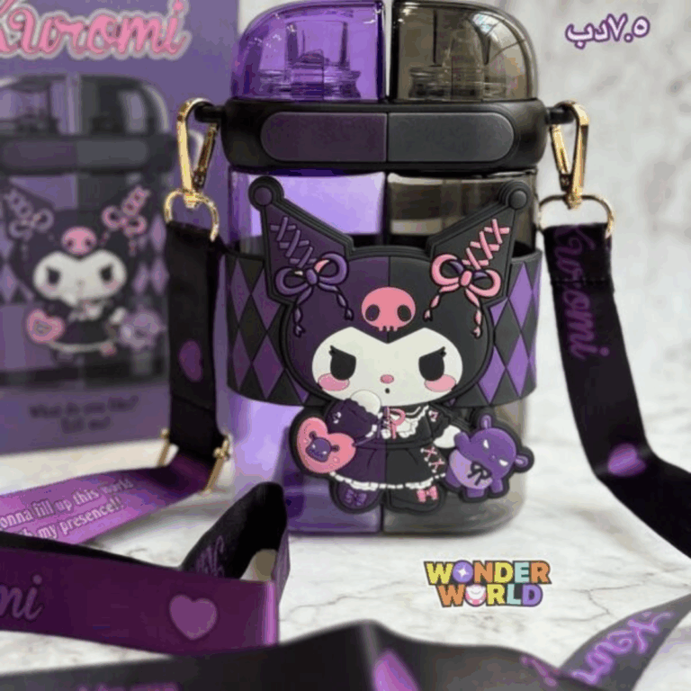 A split-design dual beverage bottle featuring translucent purple and dark smoke-grey chambers, secured by a purple diamond-patterned band with a large 3D character emblem of Kuromi in a lolita dress beside Baku