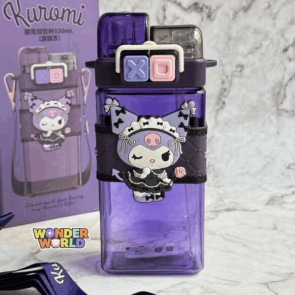 A square-shaped dual-compartment water bottle in translucent amethyst-purple, wrapped in a dark plum quilted silicone sleeve with a 3D winking Kuromi wearing a ruffled maid outfit and holding a pink rose, secured by a cream-colored clasp with pastel lavender and pink "XO" push buttons