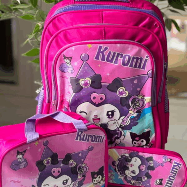 Vibrant hot pink and purple 3-piece Kuromi set featuring a school backpack, lunch tote, and pencil pouch with Kuromi holding a jewel scepter