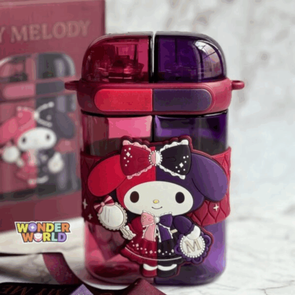 A dual-compartment water bottle with a split pink and purple translucent body, featuring a central burgundy silicone band with a large 3D My Melody character wearing a split-color dress and holding a mirror