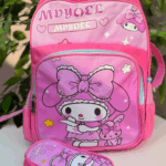 A vibrant rose-pink school backpack and matching curved zippered pencil case, showcasing a large graphic of a smiling My Melody wearing an oversized pink lace-trimmed bow alongside her sweet pink companion, set against a background of scattered stars and hearts