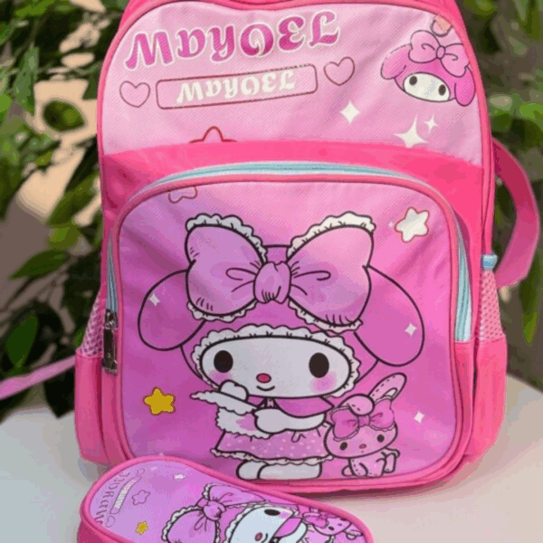A vibrant rose-pink school backpack and matching curved zippered pencil case, showcasing a large graphic of a smiling My Melody wearing an oversized pink lace-trimmed bow alongside her sweet pink companion, set against a background of scattered stars and hearts