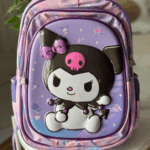 Lilac and soft pastel tie-dye backpack featuring a prominent 3D molded Kuromi wearing a pink-bow jester cap surrounded by floral and bow motifs