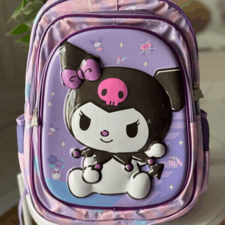 Lilac and soft pastel tie-dye backpack featuring a prominent 3D molded Kuromi wearing a pink-bow jester cap surrounded by floral and bow motifs