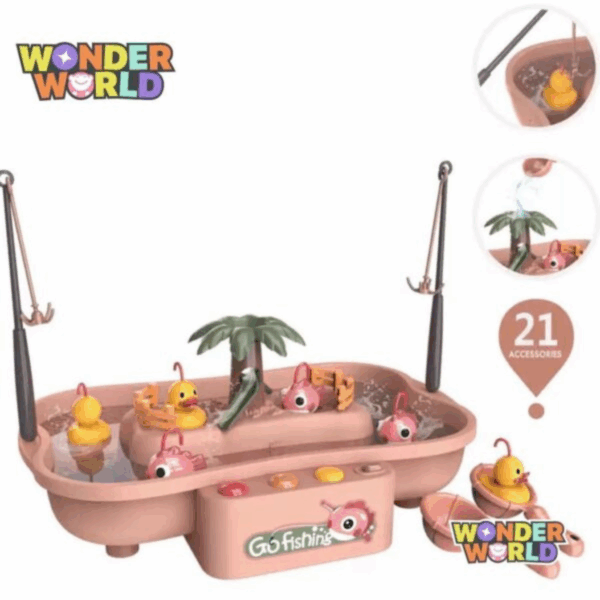 A multi-functional tabletop water play table in a soft dusty rose colorway, featuring a central sage-green palm tree waterfall, a small slide, floating yellow ducks, pink fish, and dual toy fishing rods