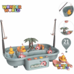 A multi-functional tabletop water play table in a soft sage green colorway, featuring a central dark-green palm tree waterfall, a small slide, floating yellow ducks, pink fish, and dual toy fishing rods