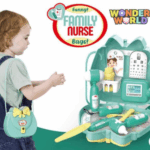 A charming toddler play purse in soft mint green with a pastel yellow bow clasp, shown both closed as a shoulder bag and opened to reveal an integrated mini nurse play clinic with coordinated medical tools in buttercream yellow and sage green