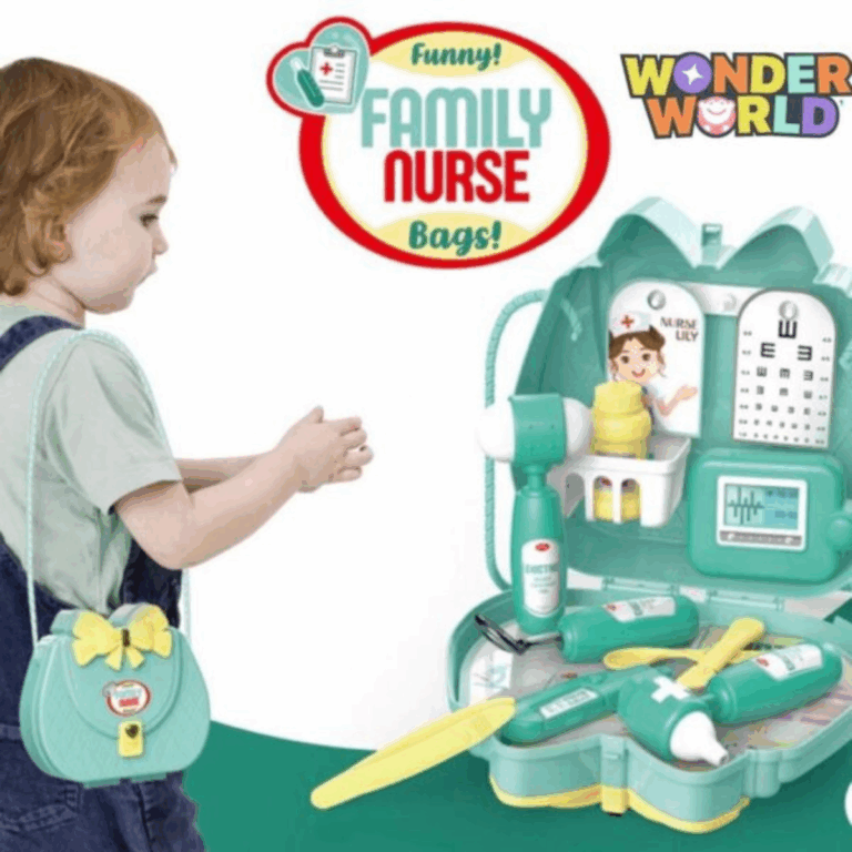 A charming toddler play purse in soft mint green with a pastel yellow bow clasp, shown both closed as a shoulder bag and opened to reveal an integrated mini nurse play clinic with coordinated medical tools in buttercream yellow and sage green