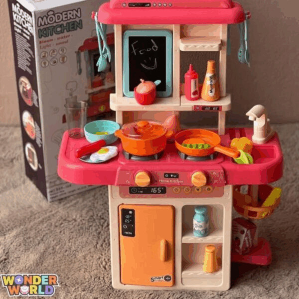 A multi-tiered toy kitchen station featuring a cream-colored frame, a vibrant magenta-pink countertop and matching top canopy, a warm terracotta-orange refrigerator door, and an integrated soft-blue framed menu board