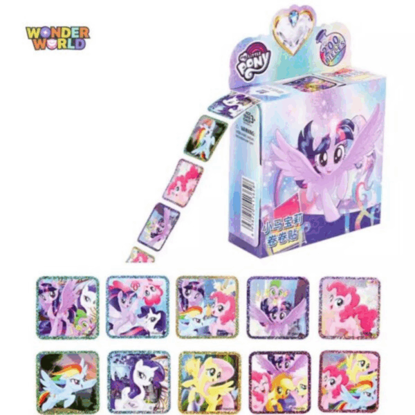 A whimsical desktop sticker dispenser box featuring beloved magical pony characters, shown dispensing a smooth roll of square, glitter-bordered stickers alongside an array of ten unique individual sticker designs with shimmering holographic frames