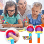 A close-up display of two whimsical silicone pencil toppers shown in a collaborative learning setting, one shaped like a blossoming flower and the other like a smooth dome arch, featuring a vibrant rainbow gradient of crimson red, royal purple, sunny yellow, and sky blue