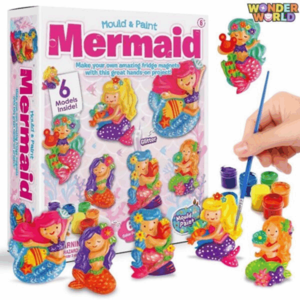 A creative hands-on plaster casting and painting set featuring six uniquely sculpted mermaid figurines, shown alongside rich paint pots, a fine-tip paintbrush, and sparkling silver glitter