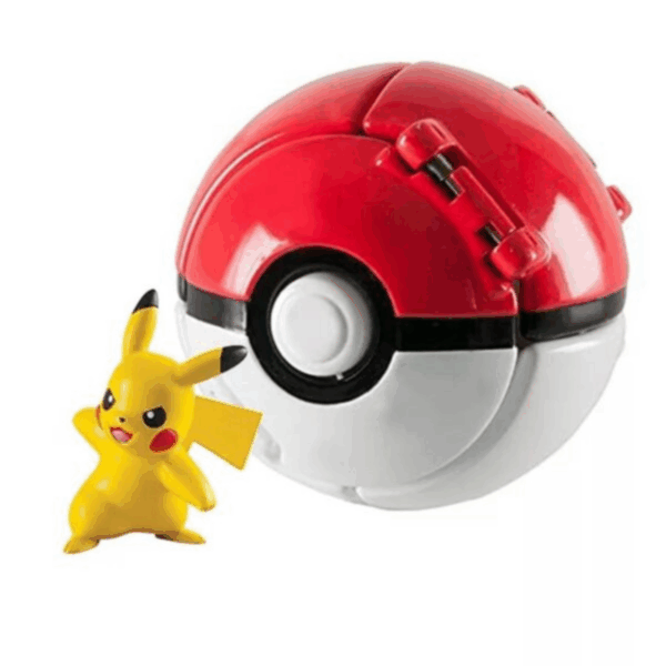 A high-gloss toy Poké Ball in iconic crimson red and milk white, featuring a central button and hinge mechanism, displayed next to a detailed miniature yellow Pikachu figurine in an active battle pose