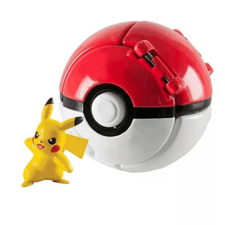 A high-gloss toy Poké Ball in iconic crimson red and milk white, featuring a central button and hinge mechanism, displayed next to a detailed miniature yellow Pikachu figurine in an active battle pose