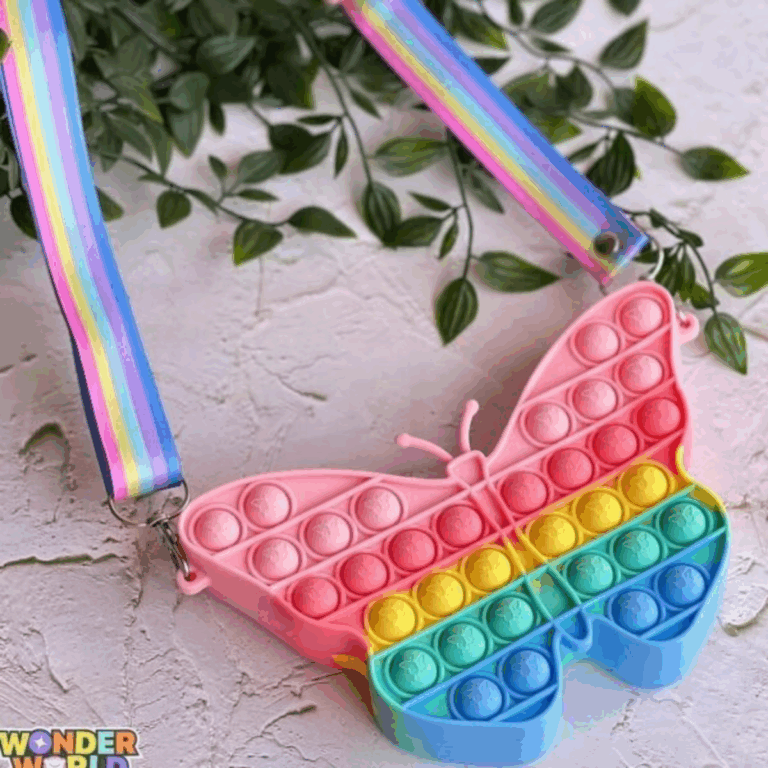 A pastel rainbow, butterfly-shaped silicone pop-it purse, complete with a detachable, adjustable rainbow-striped fabric shoulder strap and delicate butterfly emblems stamped onto each bubble