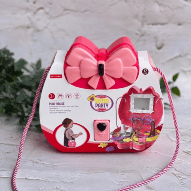 A structured hard-shell vanity case in vibrant fuchsia and pastel rose pink, showcasing an oversized layered pink bow clasp and a candy-stripe twisted shoulder strap, shown ready to pop open into a miniature pretend beauty salon