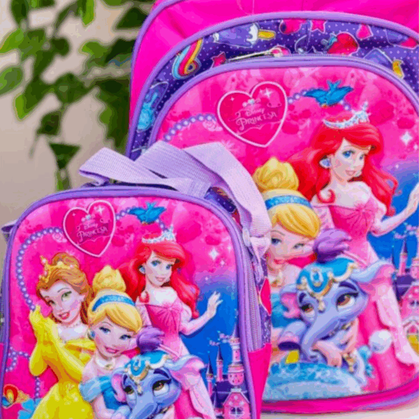 Bright magenta pink Disney Princess backpack and matching insulated lunch bag featuring Ariel, Cinderella, Belle, and Jasmine