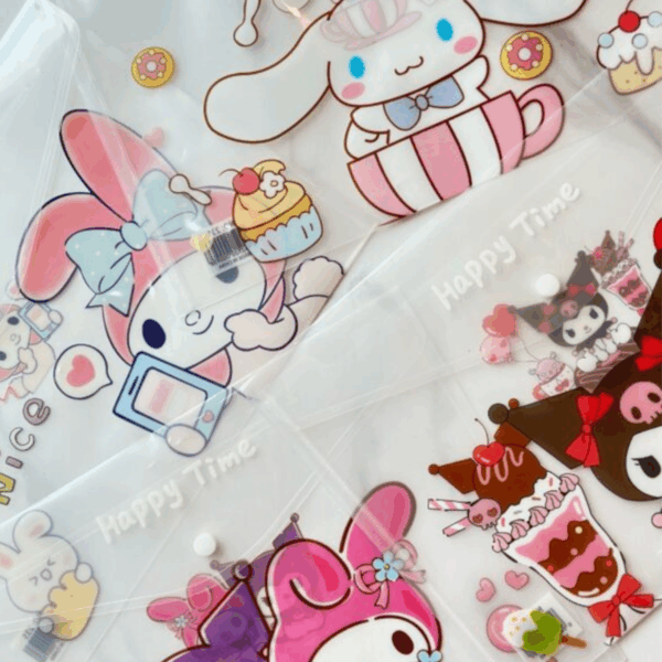A flat-lay display of several translucent plastic A4 envelope file folders featuring colorful illustrations of Sanrio characters like Cinnamoroll sitting in a pink striped teacup, My Melody holding a smartphone next to a cupcake, and Kuromi alongside chocolate ice cream sundaes under the white script "Happy Time", each secured by a clean white snap button