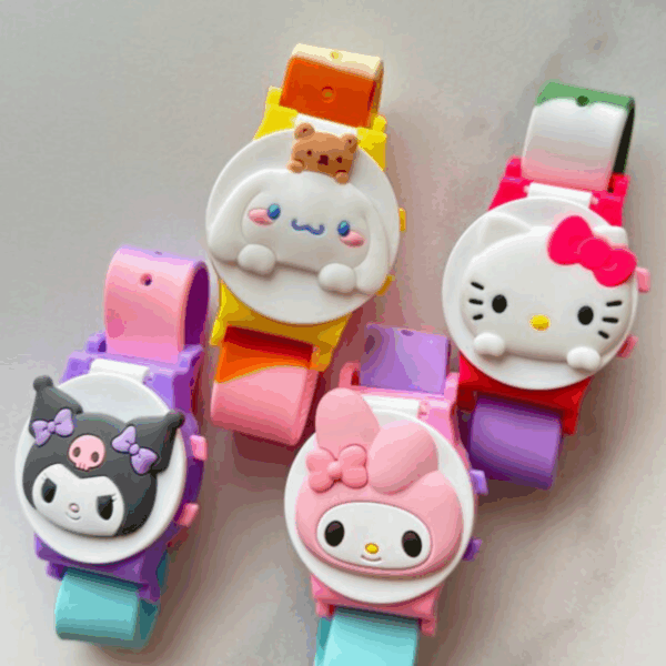 A close-up display of a children's digital wristwatch featuring a large, circular white pop-up protective cover topped with a chunky 3D silicone character face—available in Cinnamoroll with a tiny brown bear, Hello Kitty with her signature red bow, Kuromi with purple bows, or My Melody with a pink bow—paired with a colorful, dual-toned silicone strap in a playful color-block combination