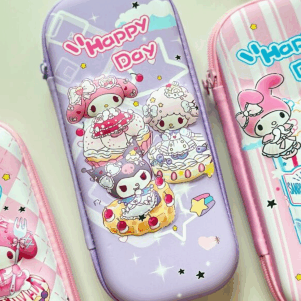 A close-up view of a protective, hard-shell zippered pencil case in soft pastel lavender, featuring My Melody, Kuromi, and My Sweet Piano dressed in maid outfits while resting on giant waffles and fruit cupcakes under the pink-and-white cursive script "Happy Day", shown between two other pink-themed Sanrio pencil cases