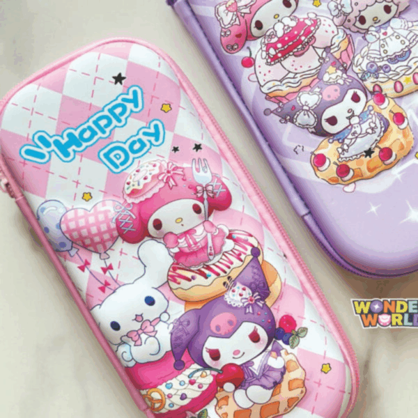 A close-up view of a protective, hard-shell zippered pencilcase featuring a soft pink-and-white argyle diamond background, showcasing a 3D molded cover of My Melody holding a silver dessert fork next to a giant frosted donut, a cute white puppy companion with a pink bow, and Kuromi resting on a cherry-topped golden waffle under the blue cursive script "Happy Day", shown next to a lavender Sanrio pencil case