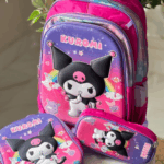 Magenta and gradient purple 3-piece Kuromi set featuring a school backpack, lunch tote, and pencil pouch with 3D graphics against a starry rainbow background