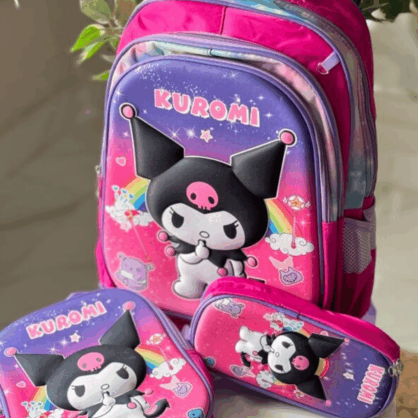 Magenta and gradient purple 3-piece Kuromi set featuring a school backpack, lunch tote, and pencil pouch with 3D graphics against a starry rainbow background