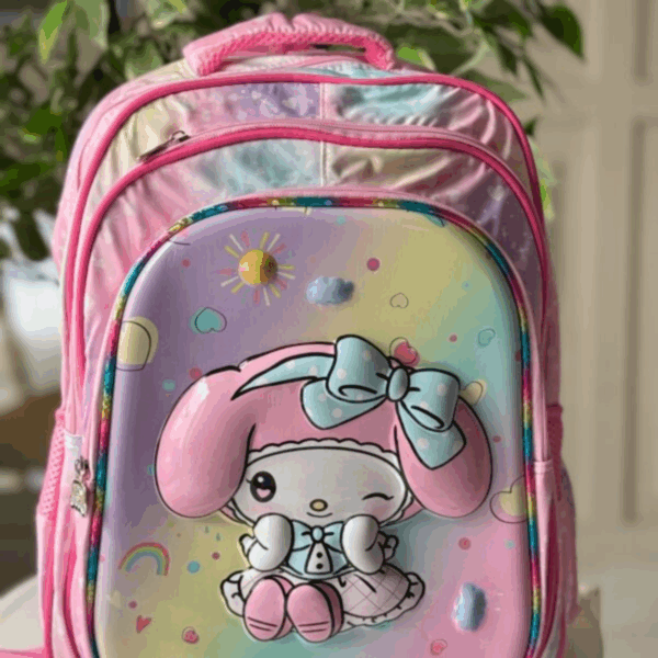 Pastel rainbow tie-dye backpack with a 3D embossed front panel featuring a winking My Melody under a smiling sun, clouds, and rainbows