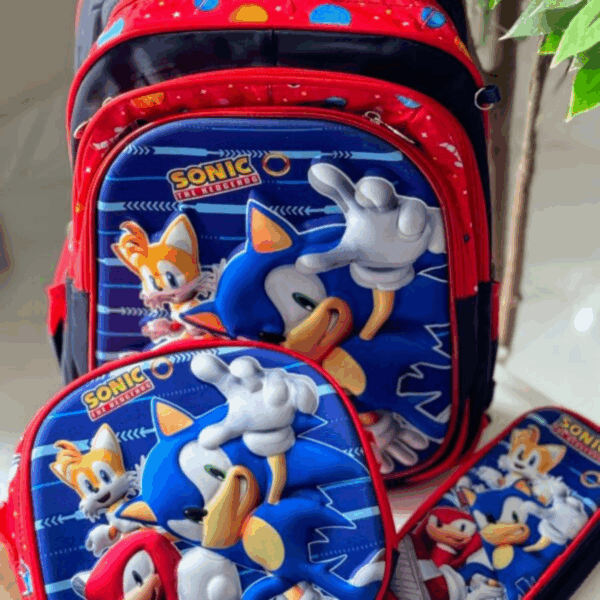 Royal blue and red 3-piece Sonic the Hedgehog set featuring a school backpack, insulated lunch tote, and pencil case with 3D graphics of Sonic, Tails, and Knuckles