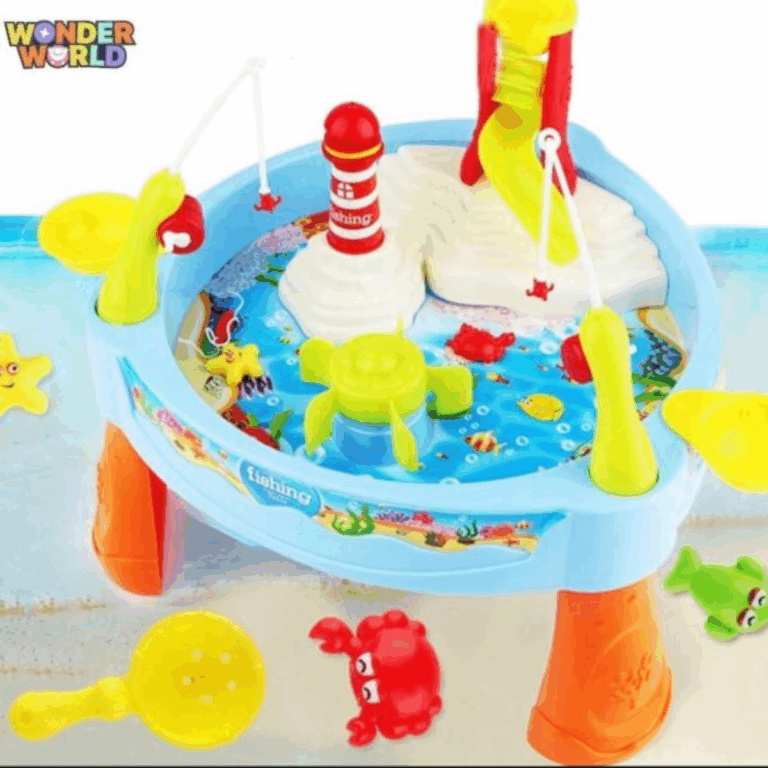 A colorful blue and orange plastic water activity play table for kids featuring a central water wheel, a red and white lighthouse, a yellow slide, fishing rods with hooks, and loose sea creature toys scattered below