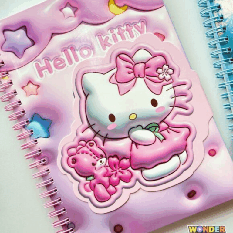 A close-up layout of a lavender and pink gradient spiral notebook featuring a puffy 3D-effect cover with Hello Kitty holding a green ribbon, accompanied by her pink teddy bear and a sakura blossom under a starry night sky